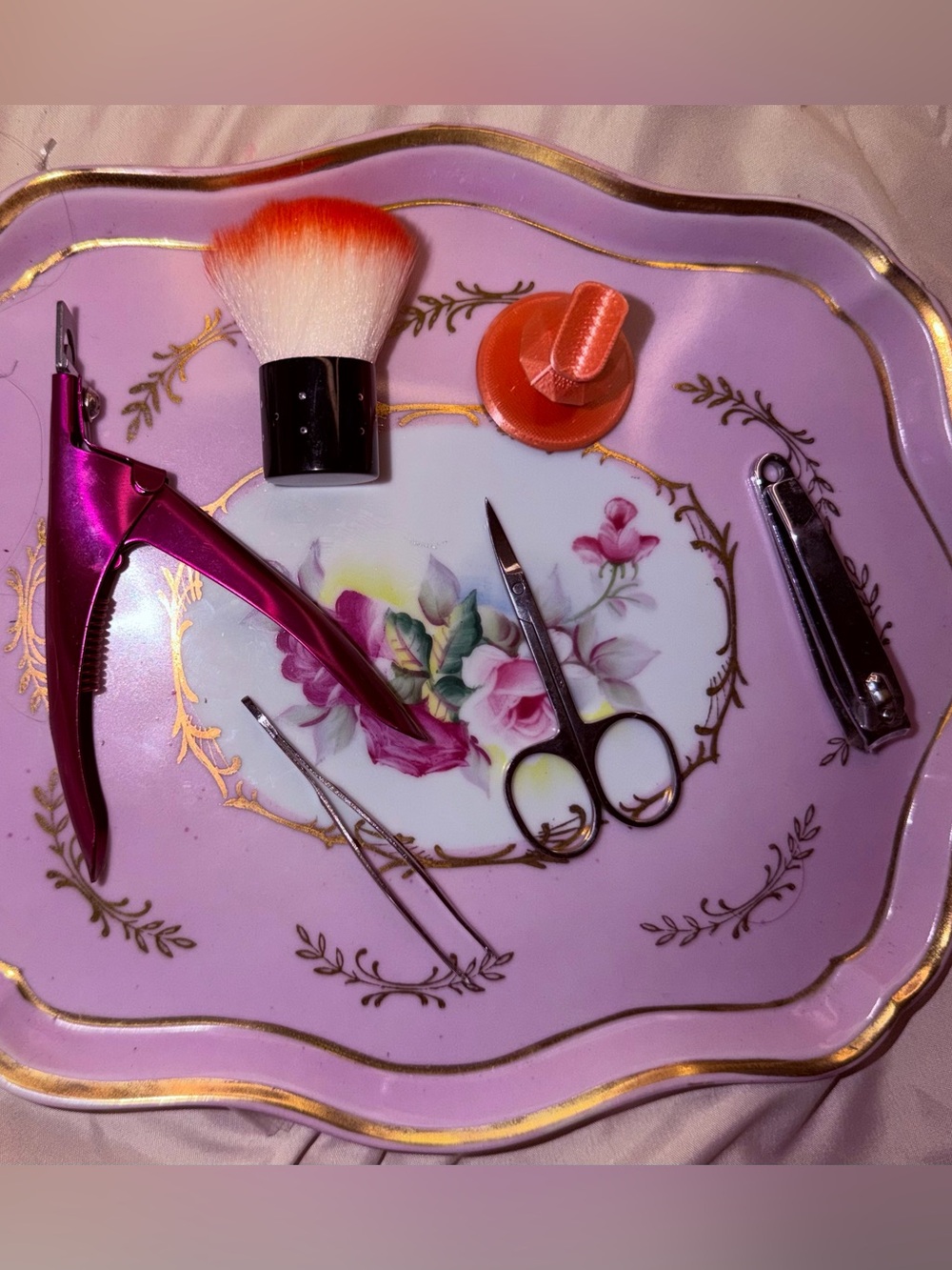 Pink Metallic Nail Clipper Set with Orange-Tipped Brush